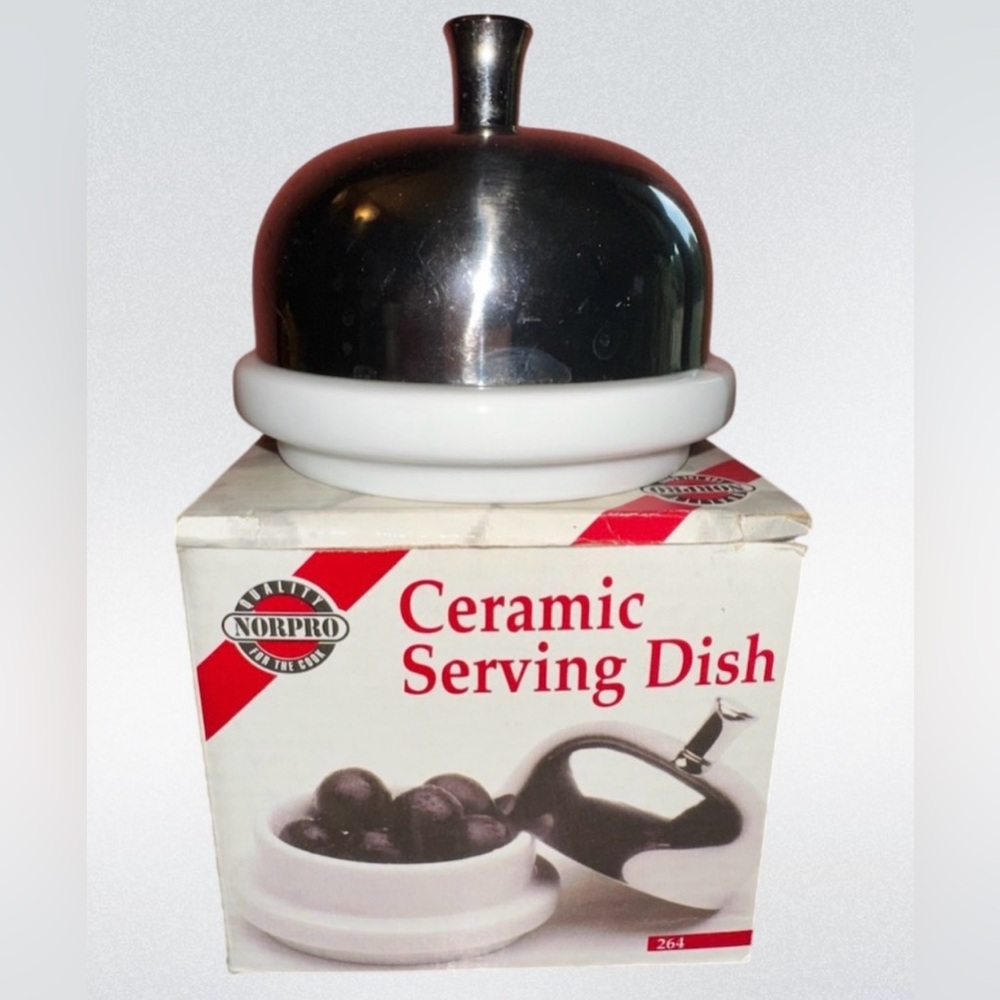 NORPRO Ceramic Individual Serving‎ Dish 18/10 Stainless Steel Lid In Box